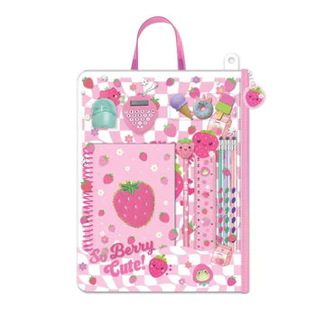A pink and white checkered school supply organizer bag with a top handle, featuring a spiral notebook, pens, pencils, and small accessories decorated with strawberries, sweets, and the text 'So Berry Cute!'.