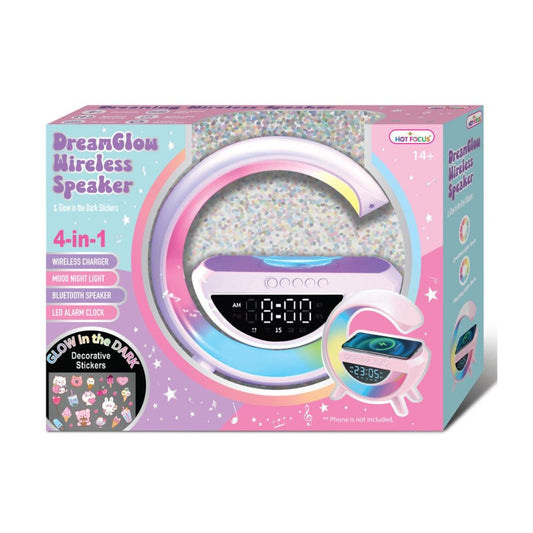 Hot Focus Dreamglow Wireless Speaker toy packaging box, featuring a 4-in-1 wireless charger, Bluetooth speaker, LED alarm clock, and glow-in-the-dark decorative stickers.