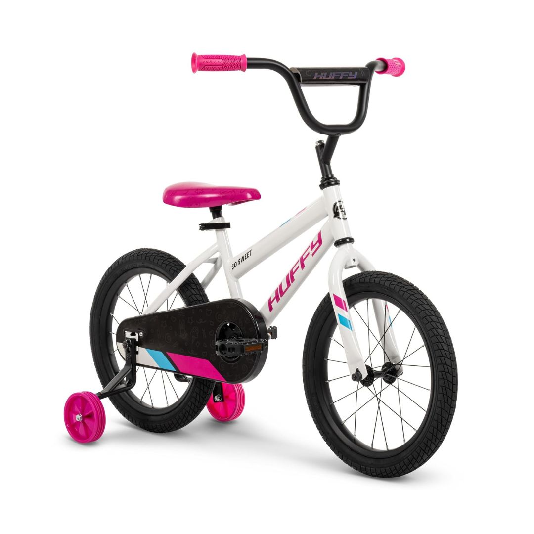 Celebrate first bike milestones with the Huffy So Sweet 16-Inch Girl's Bike! Features wide training wheels, rear coaster brake, and durable steel frame for ages 4-6.