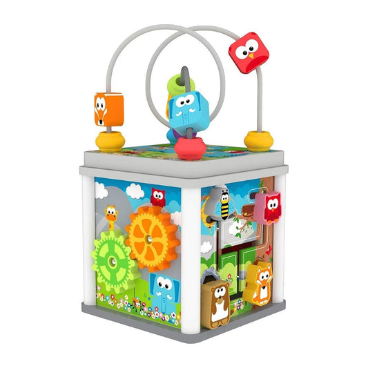A colorful children's activity cube toy with multiple interactive panels, gears, hanging character pieces, and curved metal rods on a plain white background.