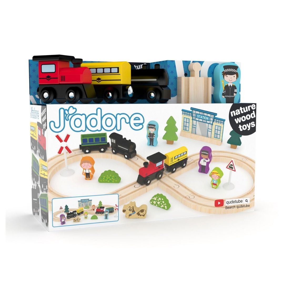 J'adore wooden toy train set by Quatroze, featuring a red and yellow locomotive, a station, tracks, and small character figures on a white background.
