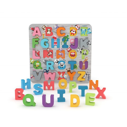 A colorful children's alphabet puzzle set on a white background, featuring a square gray wooden board with movable letters and cartoon animal illustrations, with several loose letters arranged in front.
