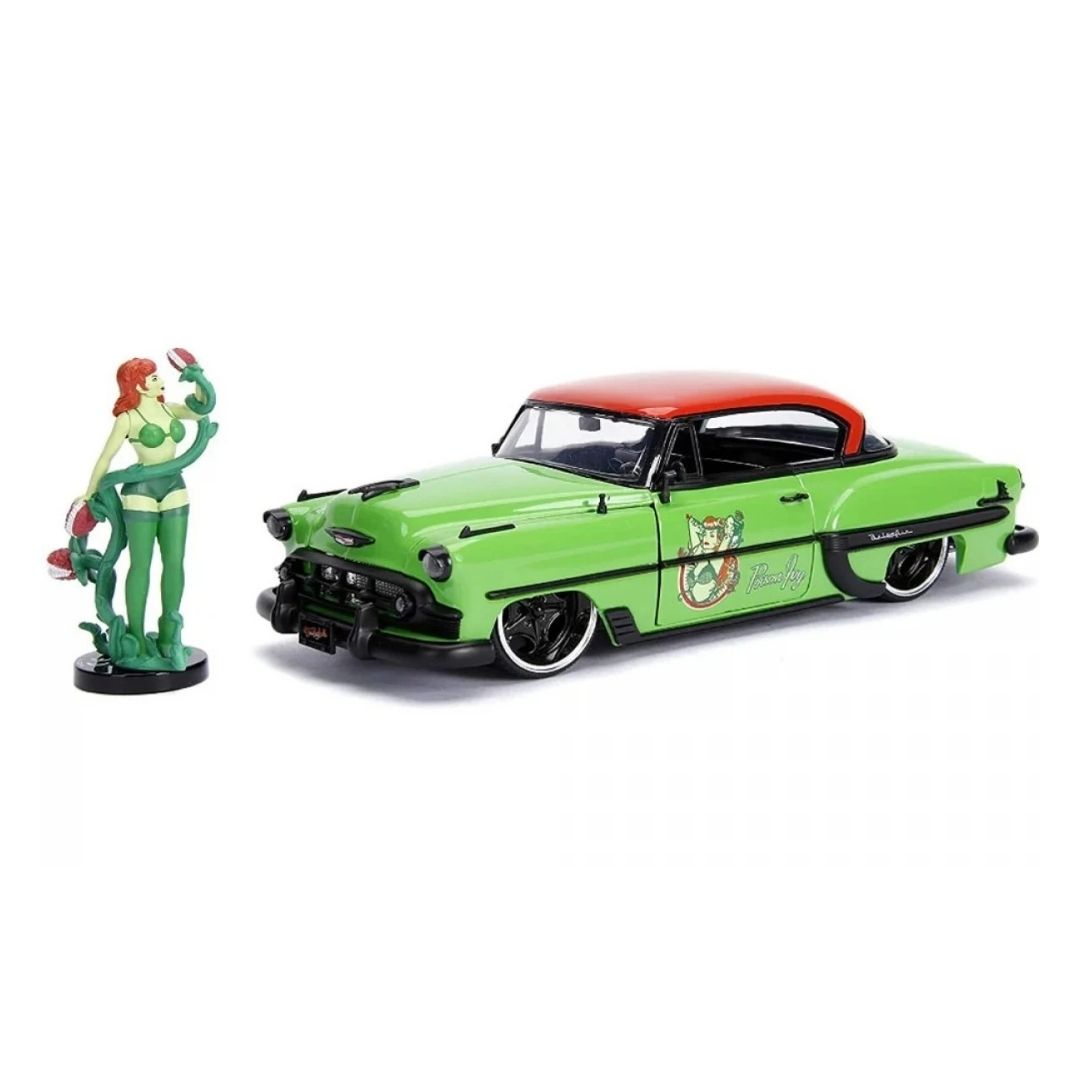 A green and red die-cast model car displayed alongside a small Poison Ivy figurine on a clean white background.
