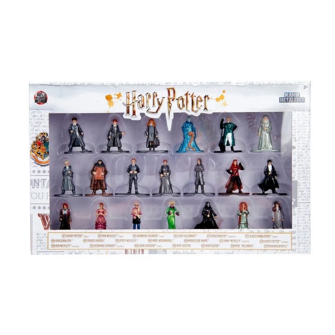 A boxed set of Harry Potter character figurines displayed in a clear plastic window box on a white background. The packaging shows the Harry Potter logo and character illustrations, with multiple small toy figures arranged in three rows inside.