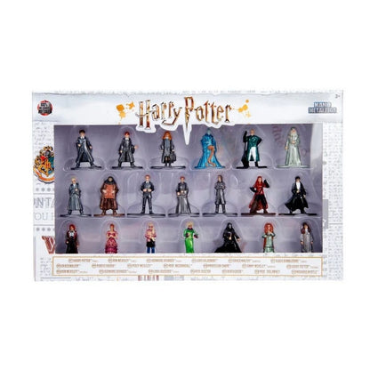 A boxed set of Harry Potter character figurines displayed in a clear plastic window box on a white background. The packaging shows the Harry Potter logo and character illustrations, with multiple small toy figures arranged in three rows inside.