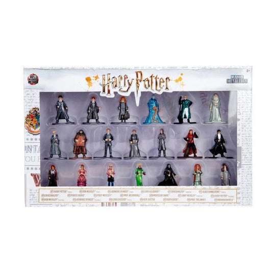 A boxed set of Harry Potter character figurines displayed in a clear plastic window box on a white background. The packaging shows the Harry Potter logo and character illustrations, with multiple small toy figures arranged in three rows inside.