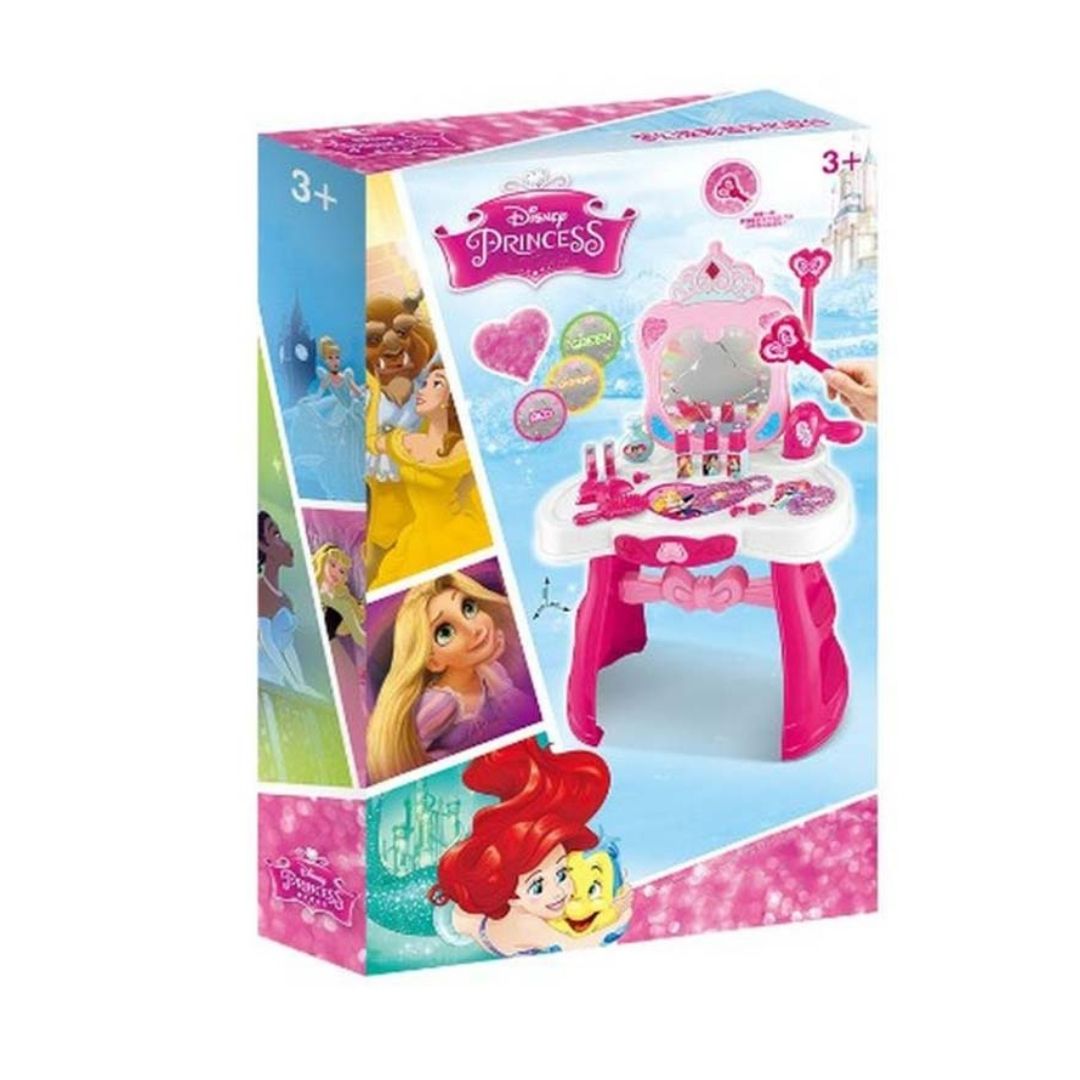 Disney Princess toy makeup vanity set in its retail packaging, featuring pink and white packaging with illustrations of Disney princesses including Cinderella, Rapunzel, Ariel, and Belle.