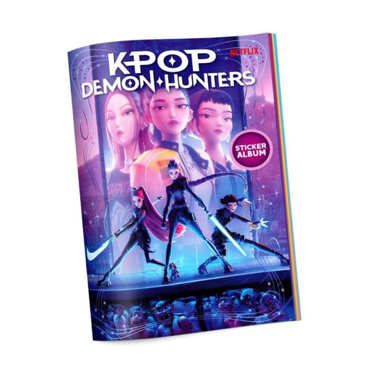 K-POP Demon Hunters Sticker Album featuring colorful anime-style cover art with the Netflix logo, shown as a 3D mockup on a white background.