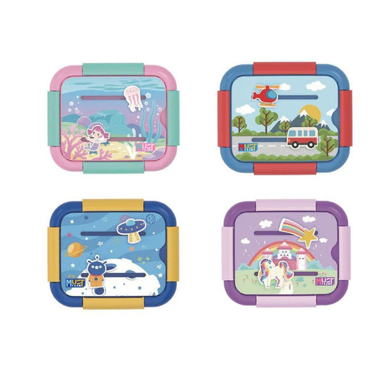 Four colorful children's lunch boxes arranged in a 2x2 grid on a white background. Each box has a hinged lid with cartoon illustrations: one underwater scene, one outdoor road trip scene, one space scene, and one unicorn castle scene.