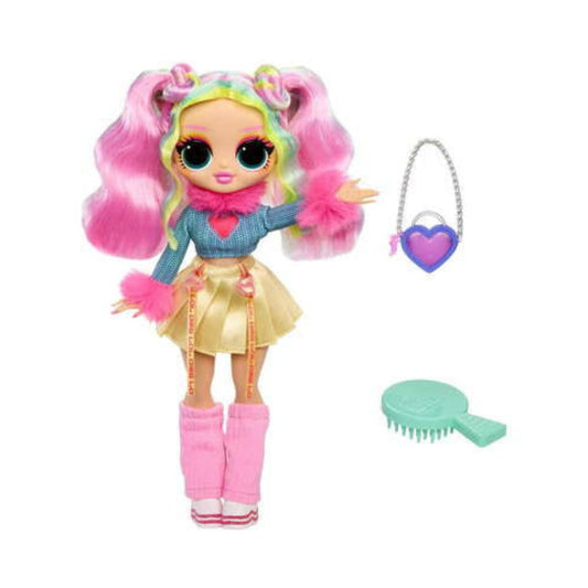 A doll with large eyes, pink and yellow pigtails, a blue top, a yellow skirt, and pink leg warmers, shown with a mint green hairbrush and a purple heart-shaped purse on a white background.
