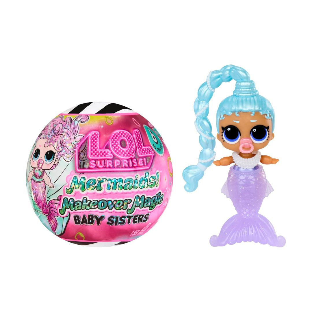 LOL Surprise! Mermaid's Makeover Magic Baby Sisters toy set featuring a pink spherical egg with colorful mermaid graphics and a small mermaid doll with blue hair and a purple tail on a white background.