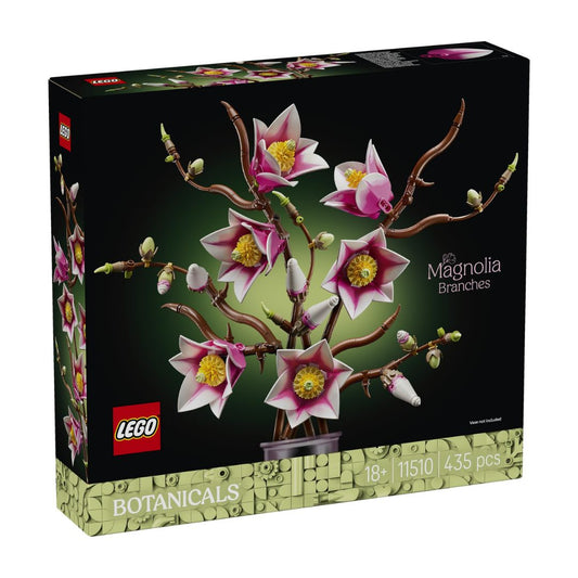LEGO Botanicals Magnolia Branches building set box, featuring pink and white magnolia flowers with yellow centers on brown branches against a black background, with LEGO and Botanicals branding on the front and side.