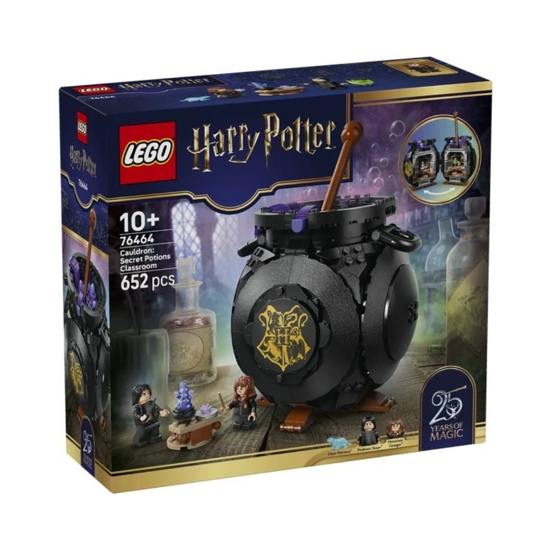Brew magic with the LEGO Harry Potter Cauldron: Secret Potions Classroom (76464)! Opens to reveal Snape's classroom with minifigures. Ages 8+.