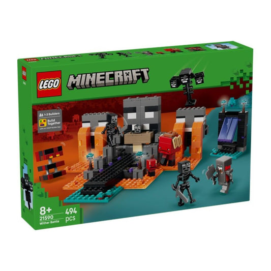 LEGO Minecraft Withers Battle set 21650 box, featuring a green packaging design with an illustration of a lava cave scene with skeleton characters and a wither.