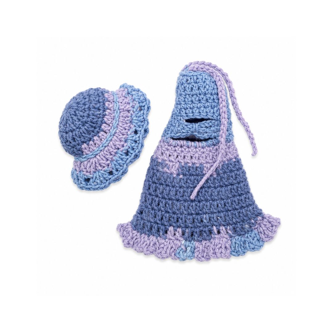 Elevate your collection with the LéArts handcrafted multicolor blue and lilac gradient crochet dress and matching sun bonnet set.