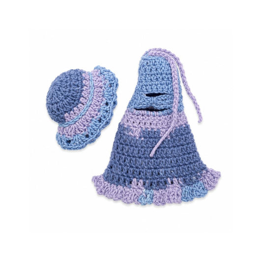 Elevate your collection with the LéArts handcrafted multicolor blue and lilac gradient crochet dress and matching sun bonnet set.