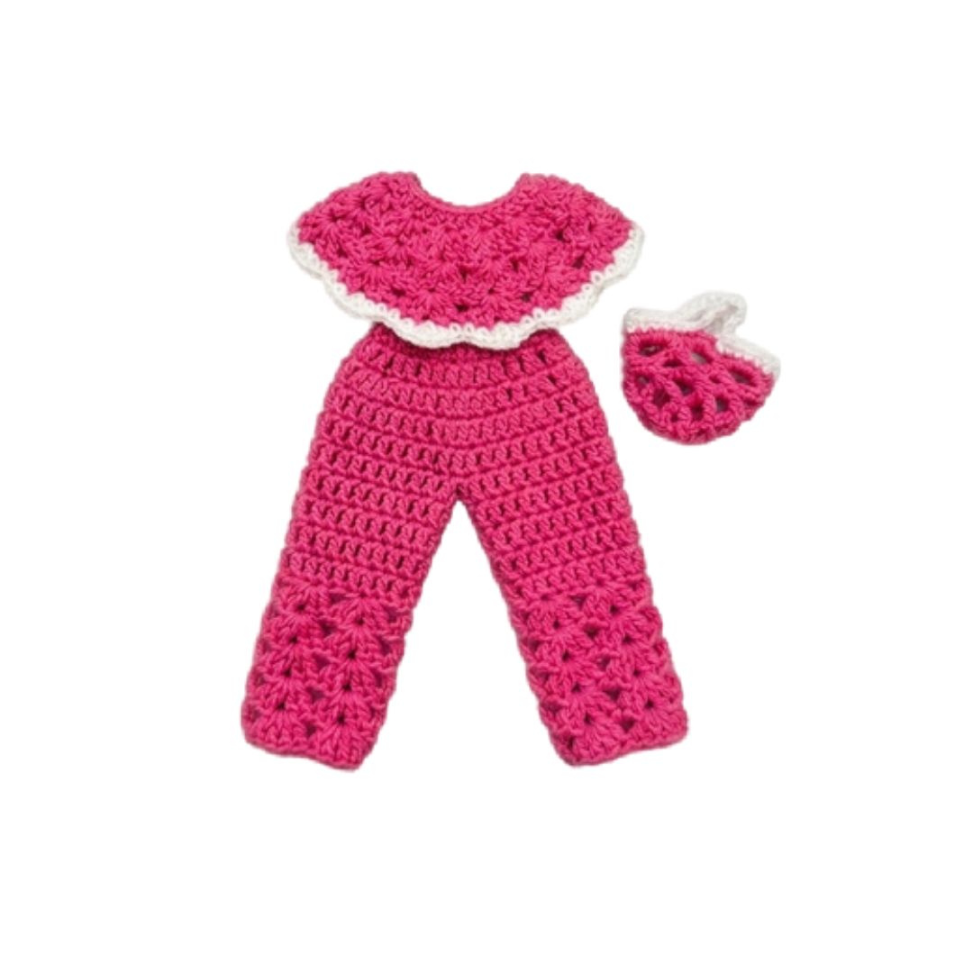 A pink crocheted baby outfit set featuring a long-sleeve romper with a white ruffled collar and a matching pink bootie, displayed on a solid white background.