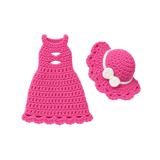 LeArts Crochet Doll Outfit & Matching Hat Set-(Candy Pink)