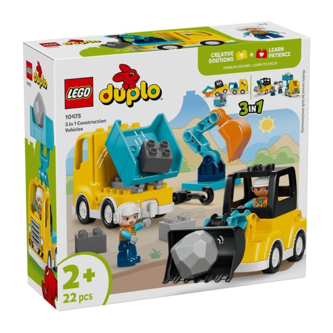 LEGO Duplo 10975 3-in-1 Construction Vehicle toy set in its original retail packaging, featuring a yellow dump truck, blue excavator, and yellow bulldozer with a worker figure.