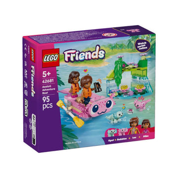 LEGO Friends Anansi Adventure Boat set 42681, featuring a purple retail box with an illustration of a pink boat, two minifigures, and a tropical water scene.