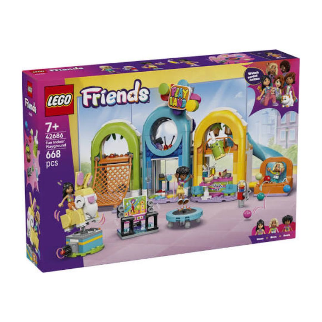 LEGO Friends 43686 Two included playsets box, showing a colorful children's playset scene with multiple mini-dolls, toys, and bright architectural play areas on a purple LEGO Friends branded box.
