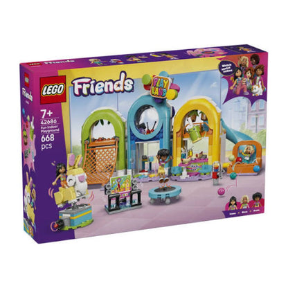 LEGO Friends 43686 Two included playsets box, showing a colorful children's playset scene with multiple mini-dolls, toys, and bright architectural play areas on a purple LEGO Friends branded box.