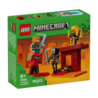 LEGO Minecraft 'The Nerf Lava Battle' set 21266 box, featuring a green packaging design with pixelated artwork of a character with a blue sword, a skeleton, and a yellow blocky figure on a red platform.