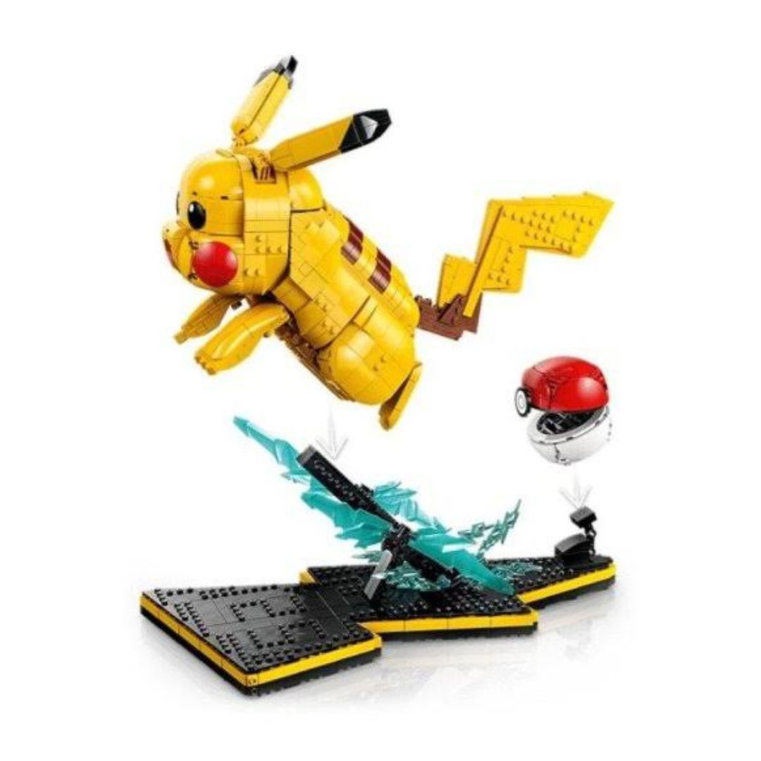 A yellow Pikachu-style building block figure with black-tipped ears and tail, red cheeks, and a floating red-and-white Pokéball accessory above a black display base with a translucent teal blade effect, on a white background.