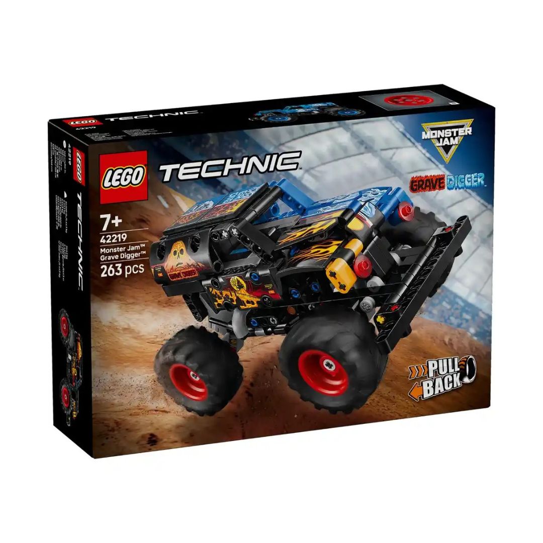 LEGO Technic Monster Jam Crusher Rig box set, model 42219, featuring a black and blue monster truck with red wheels and yellow flame decals on a white background.