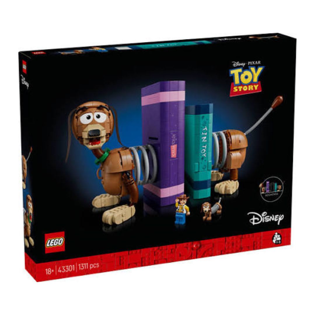 LEGO Disney Pixar Toy Story Slinky Dog bookshelf set in its original retail packaging, featuring a black box with colorful illustrations of Slinky Dog, books, and Woody and Buzz Lightyear.