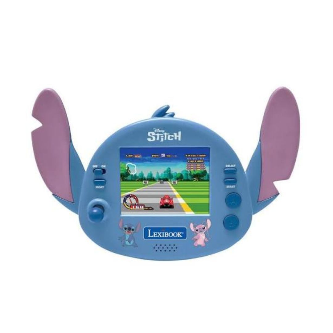 A LexiBook Disney Stitch handheld learning toy in light blue with purple ears, featuring a colorful screen and character illustrations on a white background.
