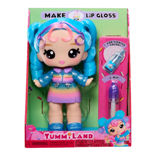Yummiland Make Lip Gloss doll set in its original retail packaging, featuring a doll with bright blue pigtails and a rainbow outfit next to a lip gloss applicator.