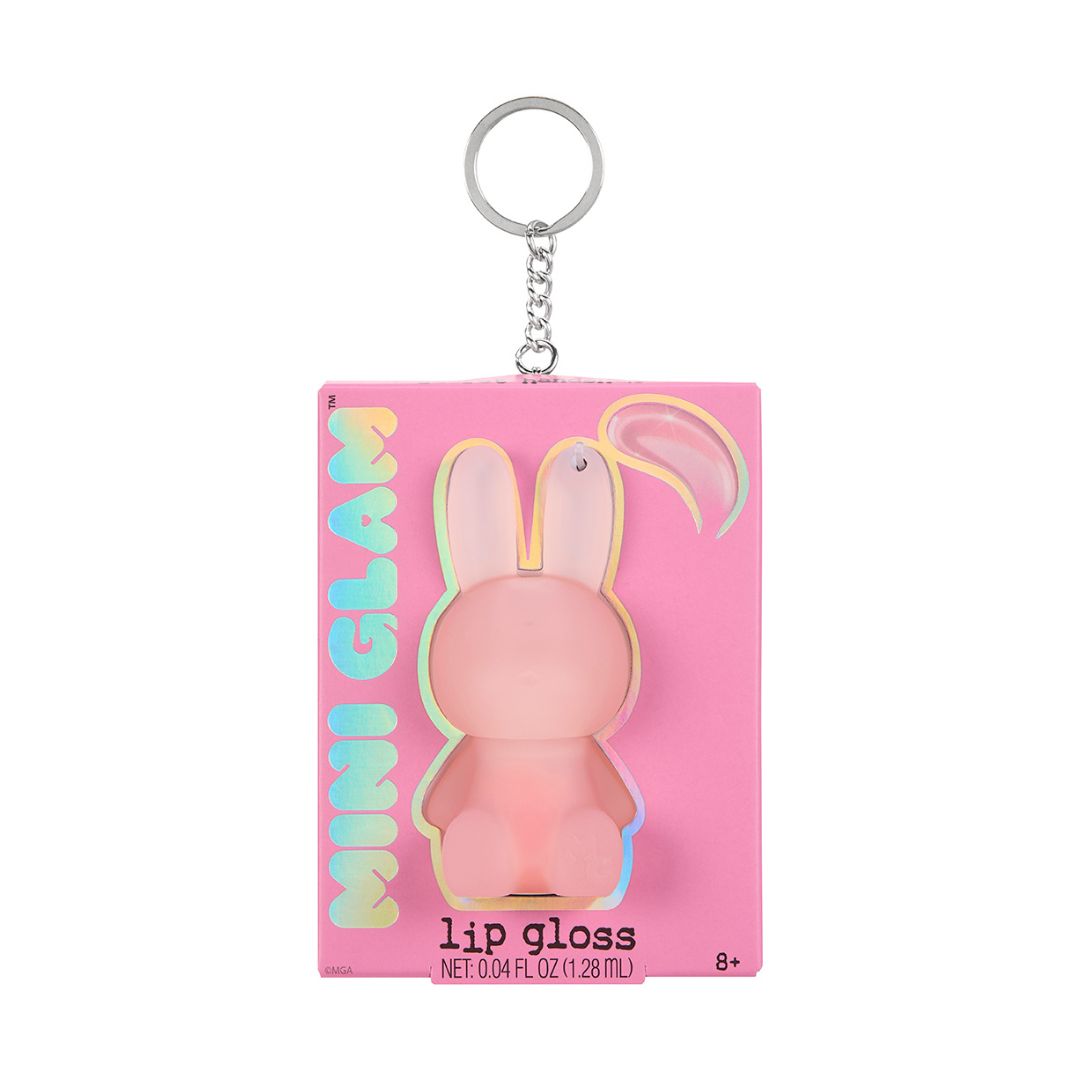A pink bunny-shaped lip gloss keychain in its original retail packaging, featuring a silver split ring and a pink card labeled 'MINI GLAM lip gloss'.