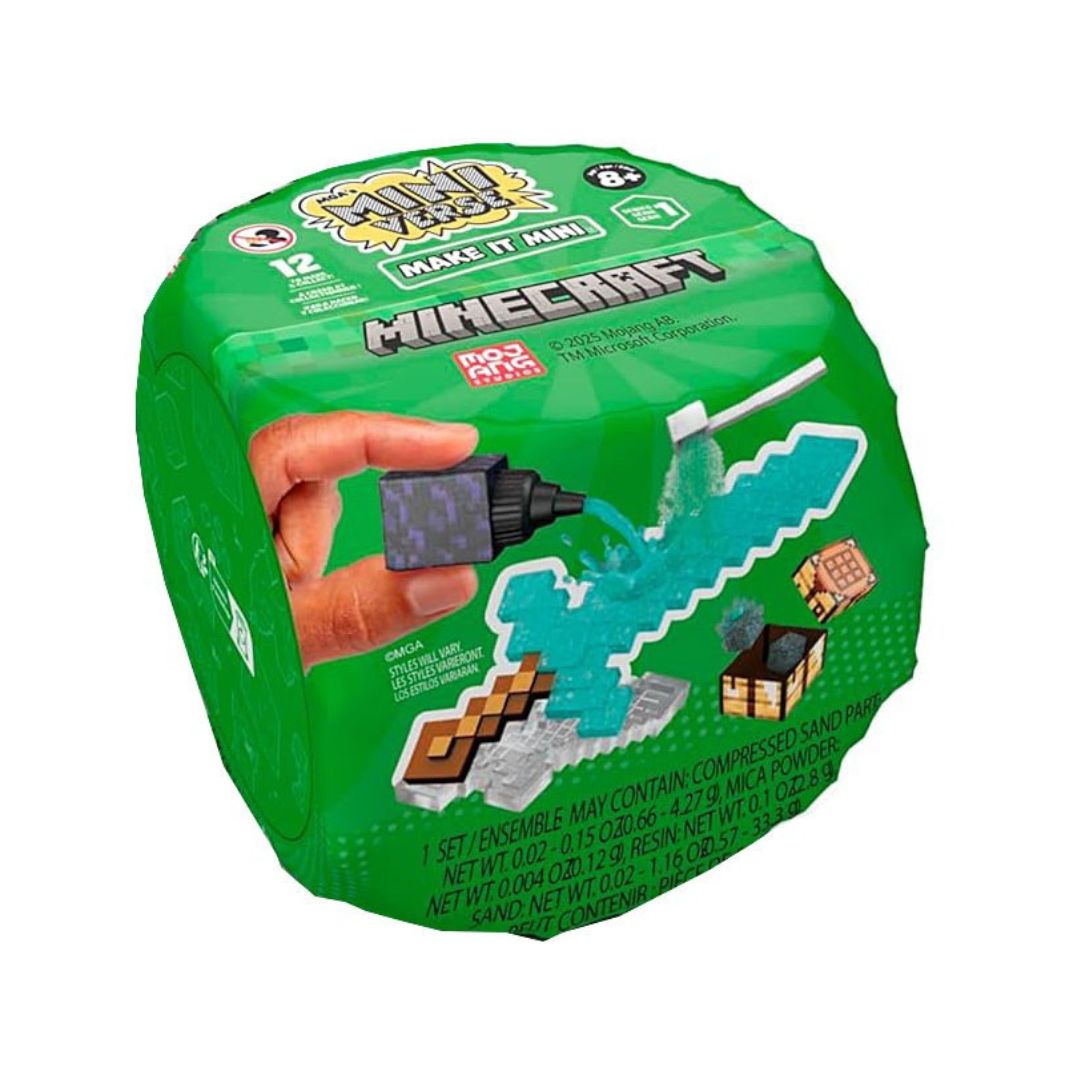 A green Minecraft Make It Mini toy container with a printed hand holding a block, shown on a plain white background.
