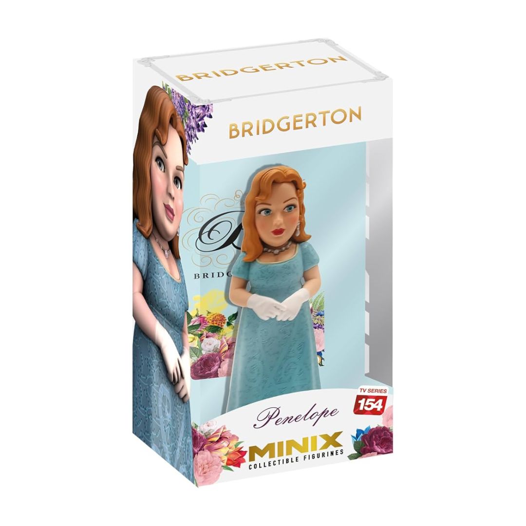 Bridgerton collectible figurine of Penelope Minix in a light blue gown, presented in its original white window box packaging with illustrations of Bridgerton and floral accents.