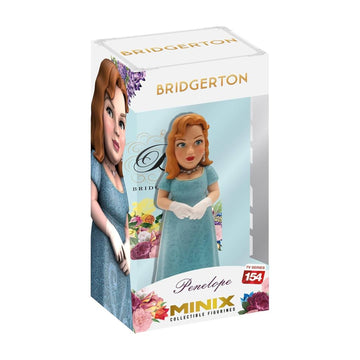 Bridgerton collectible figurine of Penelope Minix in a light blue gown, presented in its original white window box packaging with illustrations of Bridgerton and floral accents.
