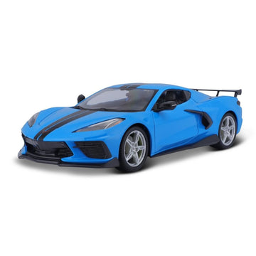 A blue toy model of a sports car with black racing stripes, black trim, and silver multi-spoke wheels, shown on a clean white background.