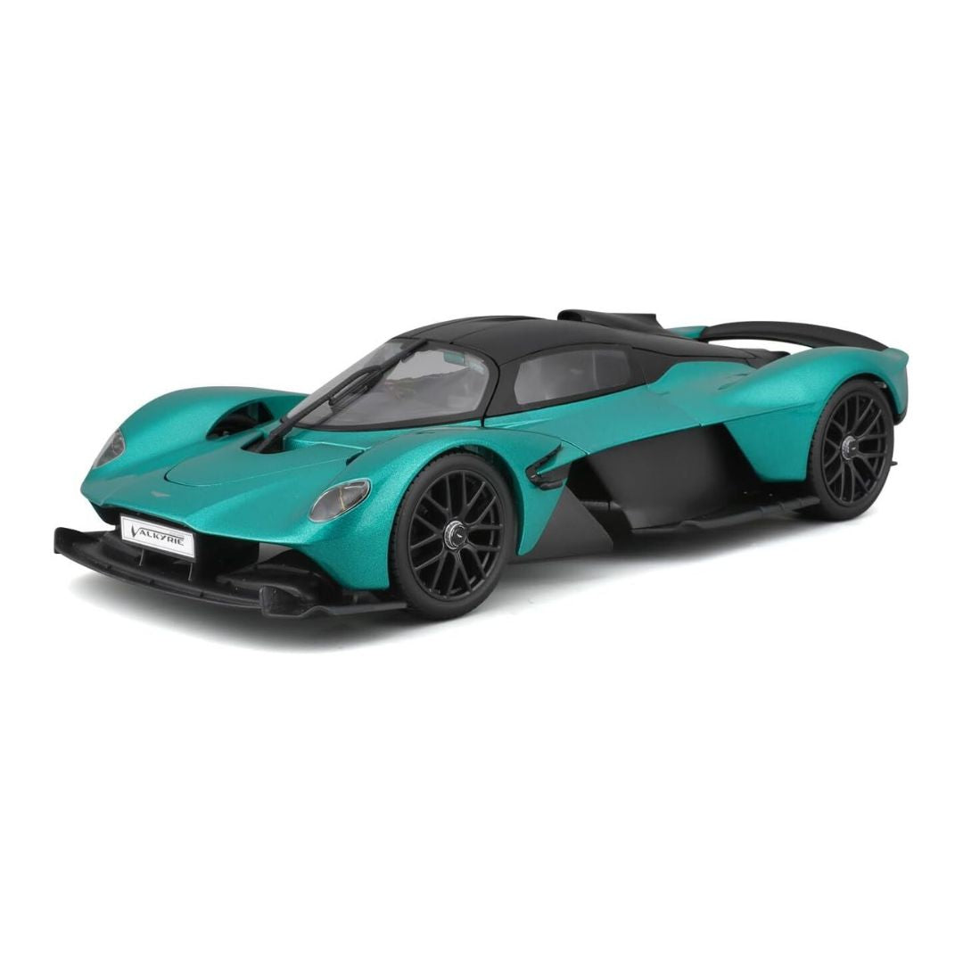 A metallic teal and black diecast model of a high-performance sports car, photographed from a three-quarters angle on a clean white background.