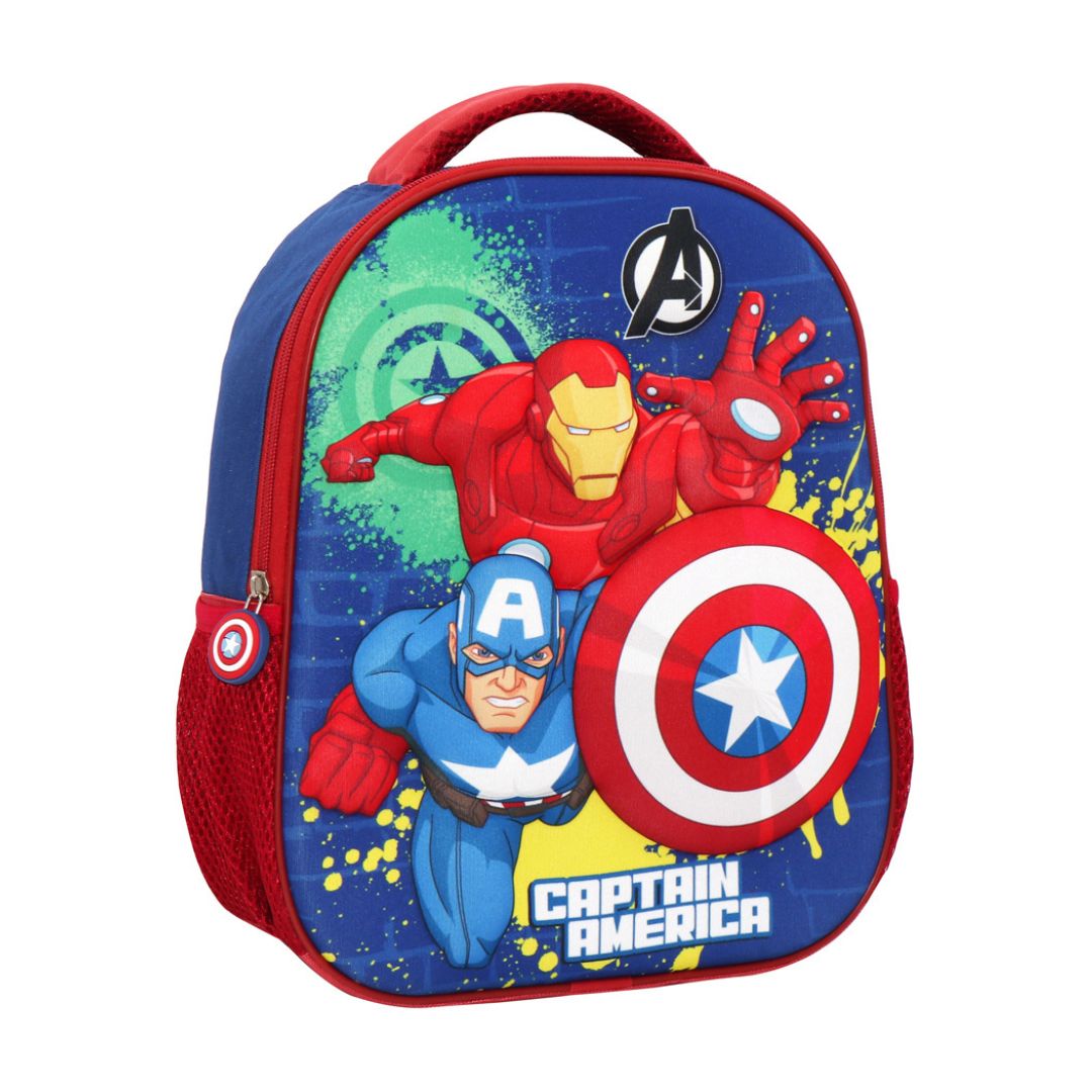 A blue and red Avengers-themed school backpack featuring Captain America and Iron Man graphics, with a top carrying handle and side mesh pocket, shown on a plain white background.