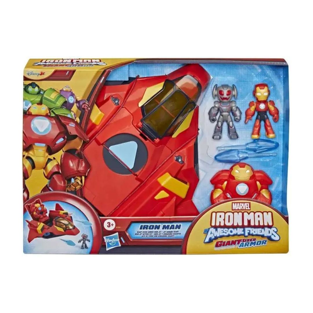 Blast off with the Marvel Iron Man & His Awesome Friends Giant-Sized Armor Iron Jet! Converts from jet to giant robot armor. Includes 3-inch figure.