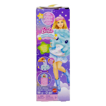 Barbie Collectible Care Magnet Doll toy packaging box, featuring a purple background with illustrations of a blonde Barbie doll in a blue bunny outfit and care accessories.