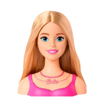 A Barbie doll bust with long blonde hair, blue eyes, and a pink top, wearing a pink Barbie necklace, isolated on a white background.