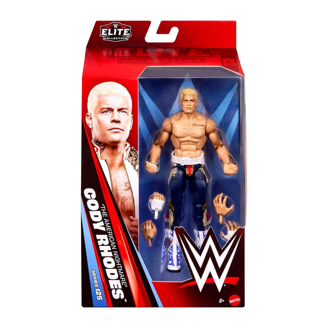 WWE Elite Collection Cody Rhodes Series 66 action figure in its original packaging, featuring a muscular blonde figure in blue pants and white belt, with interchangeable hands and a WWE logo on the box.
