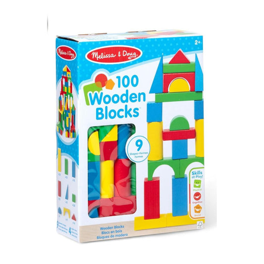 Melissa & Doug 100 Wooden Blocks toy set in its original retail packaging, featuring a colorful design with a window showing the wooden blocks inside.