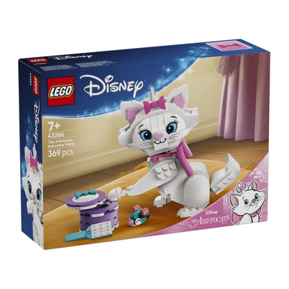 LEGO Disney The Aristocats set 43286, featuring a white cat figure with pink accents and accessories, shown on its retail box against a white background.