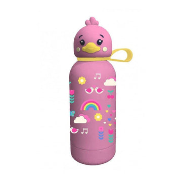 A pink insulated water bottle with a cute cartoon duck lid, yellow beak, and a yellow carrying loop. The bottle is decorated with colorful cartoon graphics including a rainbow, flowers, hearts, sunglasses, and musical notes on a plain white background.