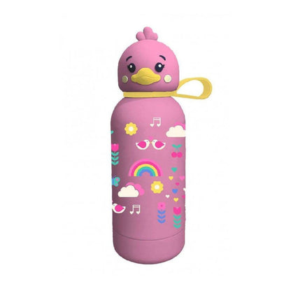 A pink insulated water bottle with a cute cartoon duck lid, yellow beak, and a yellow carrying loop. The bottle is decorated with colorful cartoon graphics including a rainbow, flowers, hearts, sunglasses, and musical notes on a plain white background.