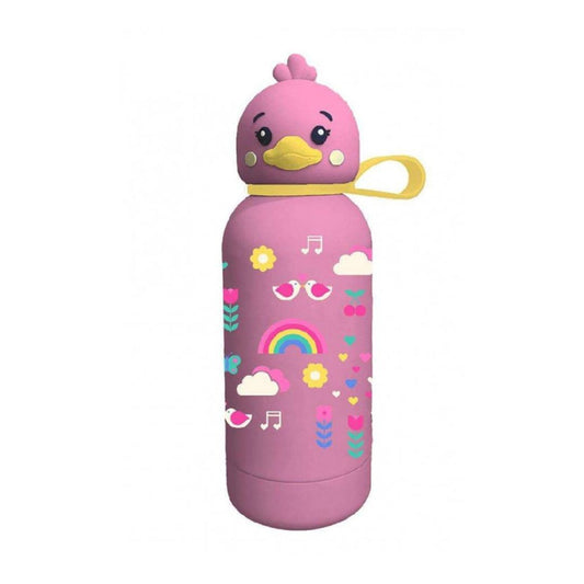 A pink insulated water bottle with a cute cartoon duck lid, yellow beak, and a yellow carrying loop. The bottle is decorated with colorful cartoon graphics including a rainbow, flowers, hearts, sunglasses, and musical notes on a plain white background.