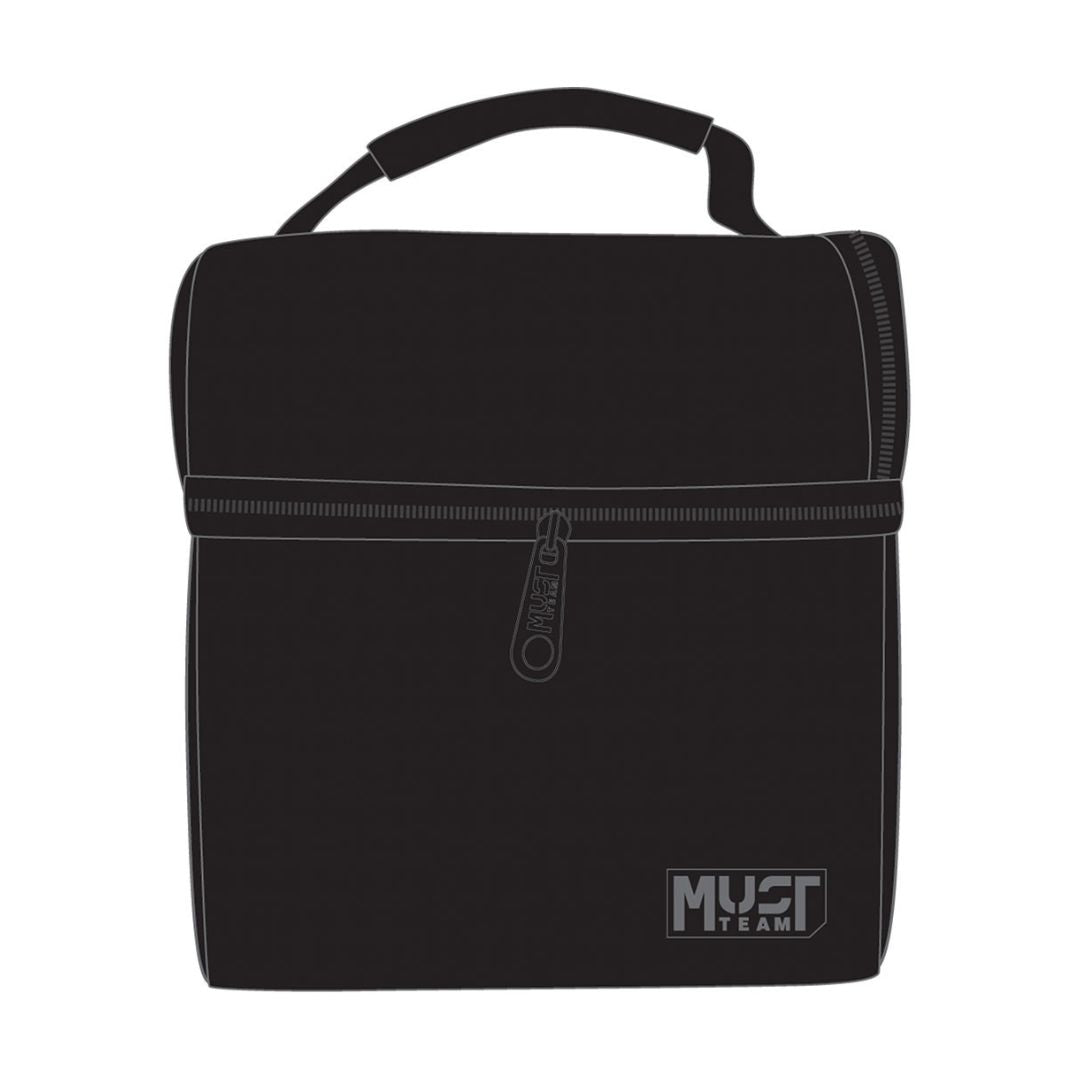 A black insulated tote bag with a top handle, featuring a horizontal zippered compartment and a white contrast-stitched border. The 'MUST TEAM' logo is printed in white on the bottom right corner.
