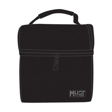 A black insulated tote bag with a top handle, featuring a horizontal zippered compartment and a white contrast-stitched border. The 'MUST TEAM' logo is printed in white on the bottom right corner.
